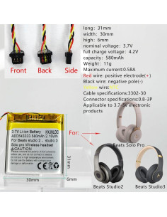 Batería recargable de litio AEC643333 3.7V 580mAh para Beats 2