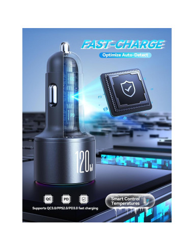 Cargador de Coche USB C JOYROOM 120W 3 Puertos Carga Rápida