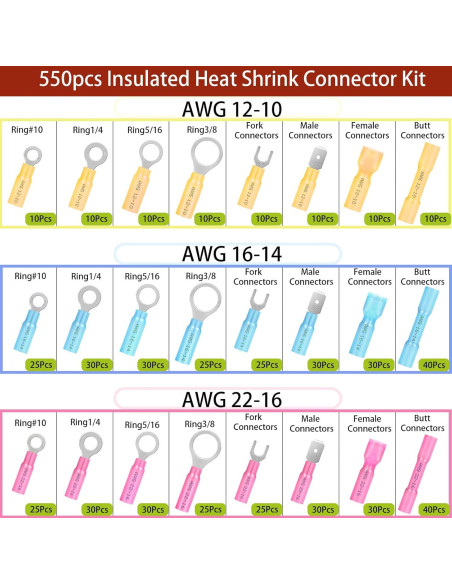 Kit de Conectores Termocontraíbles Twippo 550 Piezas 22-10AWG