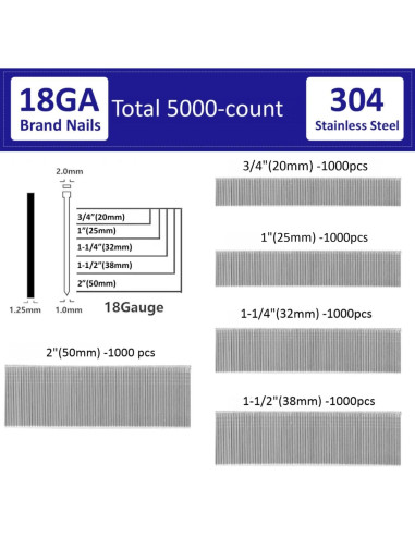 Clavos Brad 18GA Kofdvdz Acero Inoxidable 304 5000 pcs