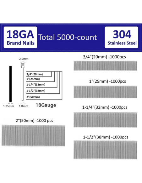 Clavos Brad 18GA Kofdvdz Acero Inoxidable 304 5000 pcs