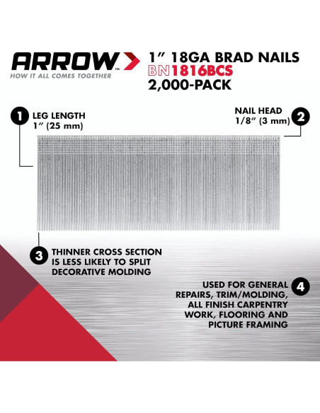Clavos Brad de Acero 18 Calibres Arrow BN1832CS 1000 Unidades 50 mm