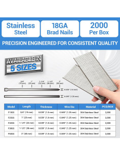 Clavos Brad de Acero Inoxidable 304 Meite 18GA 3.81 cm 2000u 2