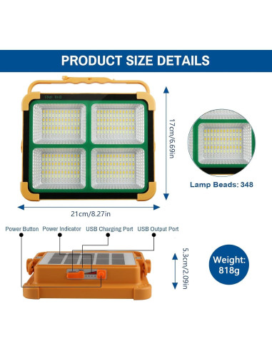 Luz de Trabajo LED GZGLUZ 120W 10000LM Recargable Solar IP66