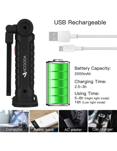Luz de Trabajo LED VICOODA 4 Paquetes 360 Rotación USB C