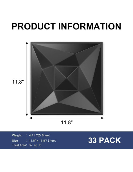 Paneles de Pared 3D Greymond PVC Negro - 33 Azulejos 30x30 cm