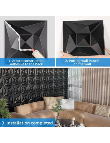 Paneles de Pared 3D Greymond PVC Negro - 33 Azulejos 30x30 cm