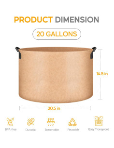 Macetas de Tela 20 Galones Simple Deluxe 5 Pzs Transpirables 2