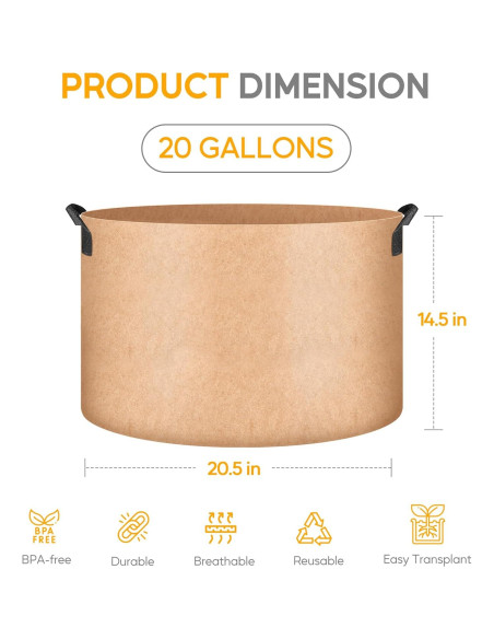 Macetas de Tela 20 Galones Simple Deluxe 5 Pzs Transpirables