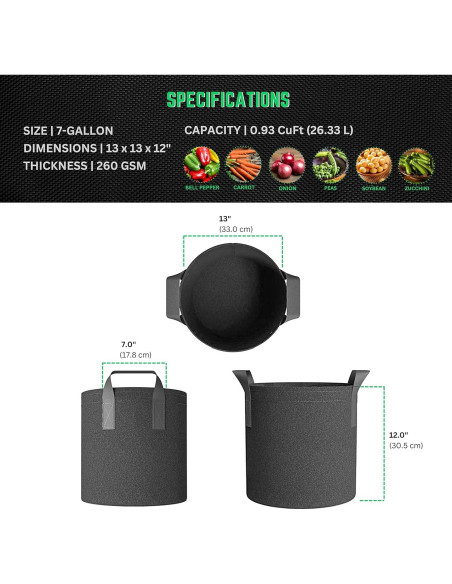 Paquete de 5 macetas de tela 247Garden 7 galones negro