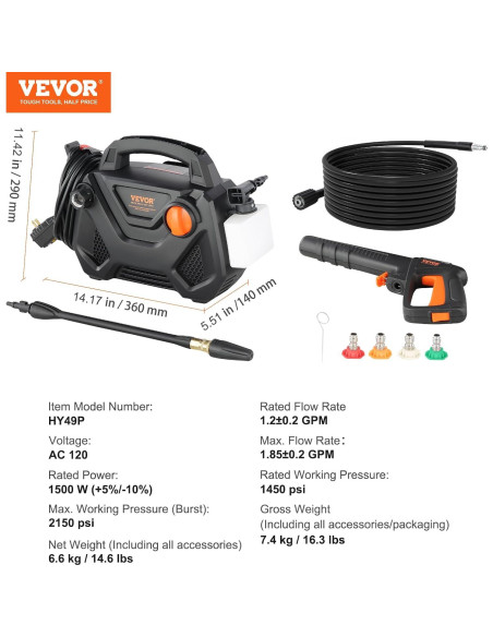 Lavadora a Presión Eléctrica VEVOR 2150 PSI 6.6 kg 5 Boquillas