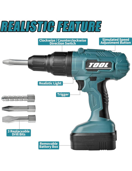 Juego de Taladro Eléctrico Toy Choi para Niños Verde - 3 Brocas