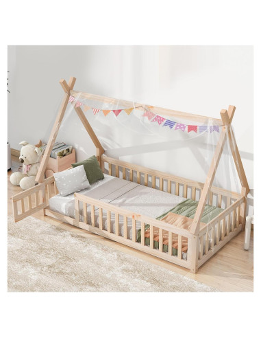 Cama Montessori Tatub Twin de Madera con Barandillas y Puerta