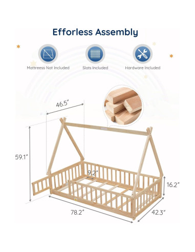 Cama Montessori Tatub Twin de Madera con Barandillas y Puerta