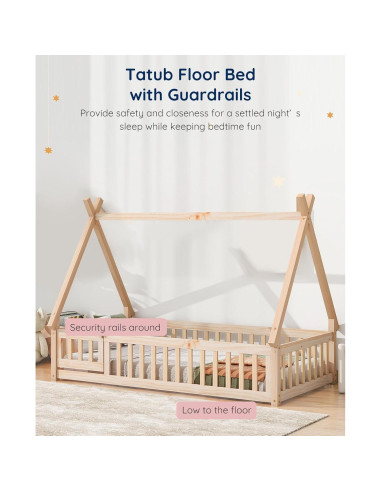 Cama Montessori Tatub Twin de Madera con Barandillas y Puerta