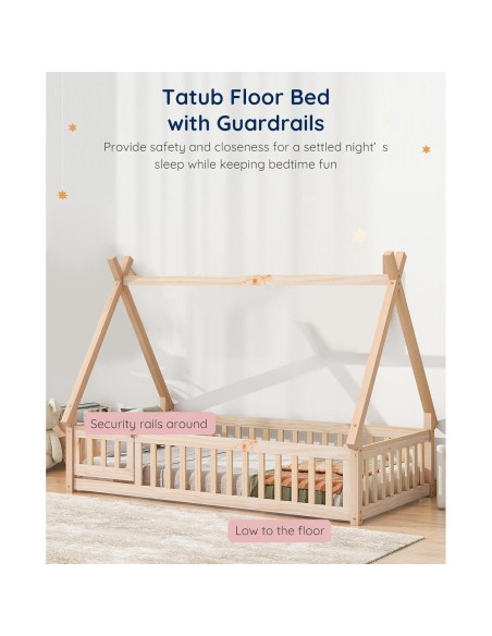 Cama Montessori Tatub Twin de Madera con Barandillas y Puerta