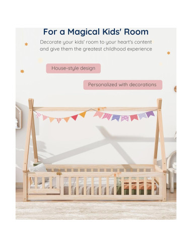 Cama Montessori Tatub Twin de Madera con Barandillas y Puerta