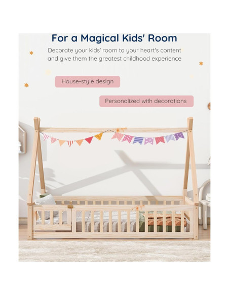Cama Montessori Tatub Twin de Madera con Barandillas y Puerta