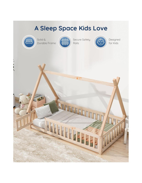 Cama Montessori Tatub Twin de Madera con Barandillas y Puerta