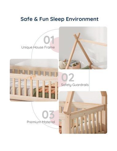 Cama Montessori Tatub Twin de Madera con Barandillas y Puerta