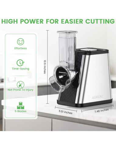 Rallador de Queso Eléctrico AERKINE 5 en 1 con 5 Cuchillas