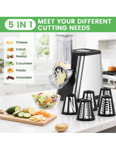 Rallador de Queso Eléctrico AERKINE 5 en 1 con 5 Cuchillas