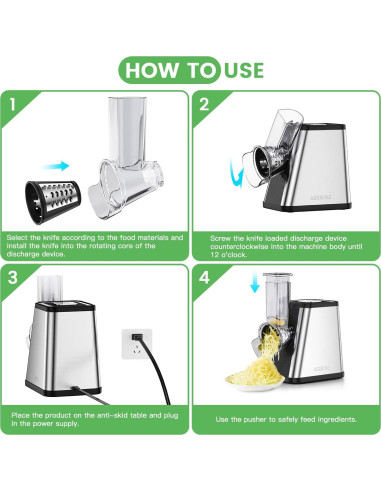 Rallador de Queso Eléctrico AERKINE 5 en 1 con 5 Cuchillas