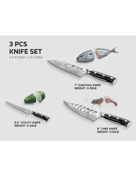 Juego de Cuchillos de Cocina ASETY 3 PCS Damasco VG10