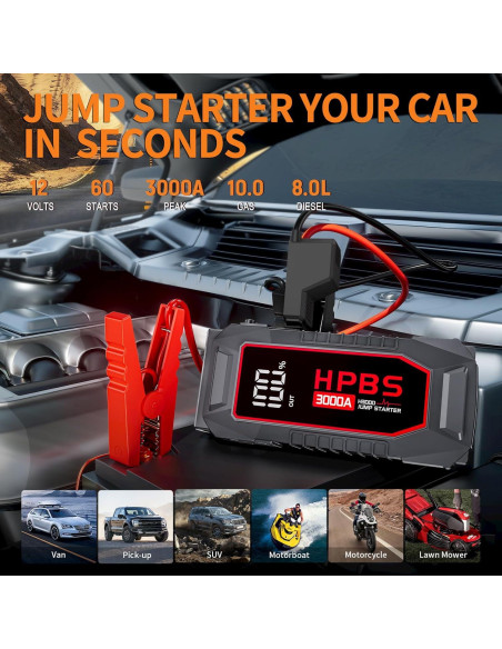 Arrancador de Batería HPBS H3000 3000A 12V Pantalla LCD