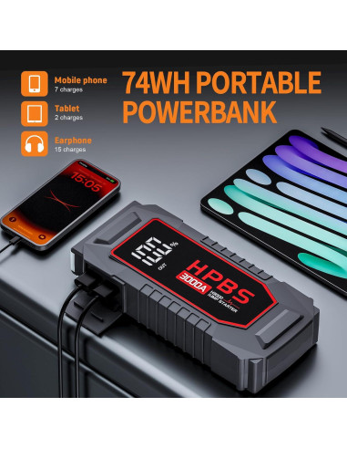 Arrancador de Batería HPBS H3000 3000A 12V Pantalla LCD