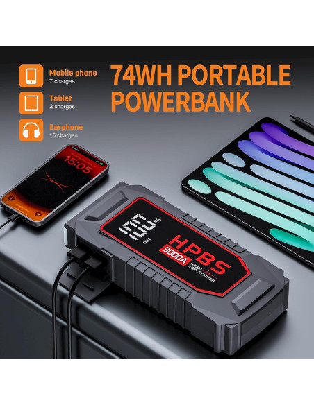 Arrancador de Batería HPBS H3000 3000A 12V Pantalla LCD