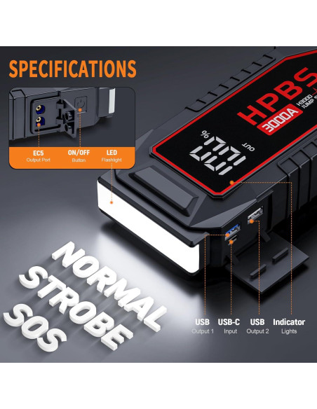 Arrancador de Batería HPBS H3000 3000A 12V Pantalla LCD