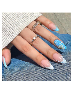 Uñas Postizas 3D Almendra Media LPOODDNU 24 Pcs Diseño Floral