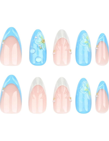 Uñas Postizas 3D Almendra Media LPOODDNU 24 Pcs Diseño Floral