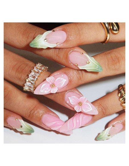 Uñas Postizas de Acrílico Rosa Verde 24Pcs Punta Francesa