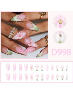 Uñas Postizas de Acrílico Rosa Verde 24Pcs Punta Francesa 2