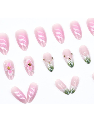 Uñas Postizas de Acrílico Rosa Verde 24Pcs Punta Francesa
