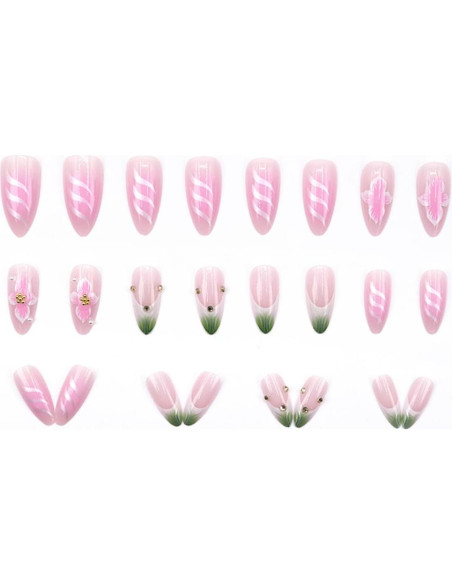 Uñas Postizas de Acrílico Rosa Verde 24Pcs Punta Francesa