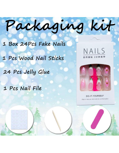 Uñas Postizas de Acrílico Rosa Verde 24Pcs Punta Francesa