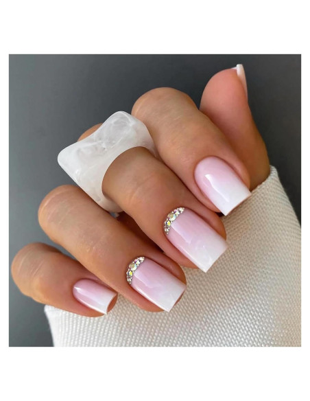 Uñas Postizas Acrílicas Qsnidy Ombre Rosa con Rhinestones 24 Pzas