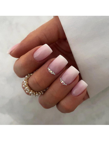 Uñas Postizas Acrílicas Qsnidy Ombre Rosa con Rhinestones 24 Pzas