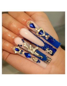 Uñas Falsas Cuadradas Rchovsam 24pcs Punta Francesa Azul