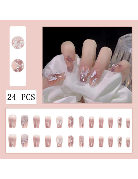 Uñas Postizas Acrílicas Reutilizables YUEJIMEIGUI 24Pcs Mariposa