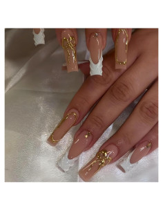 Uñas Postizas Largas Cuadradas BLGTGH con Puntas Francesas y Rhinestones 24Pcs