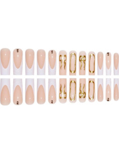 Uñas Postizas Largas Cuadradas BLGTGH con Puntas Francesas y Rhinestones 24Pcs 2