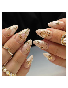 24 Uñas Postizas Almendra con Brillo Rhinestone Corazón