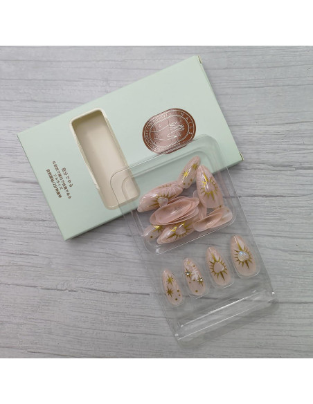 24 Uñas Postizas Almendra con Brillo Rhinestone Corazón