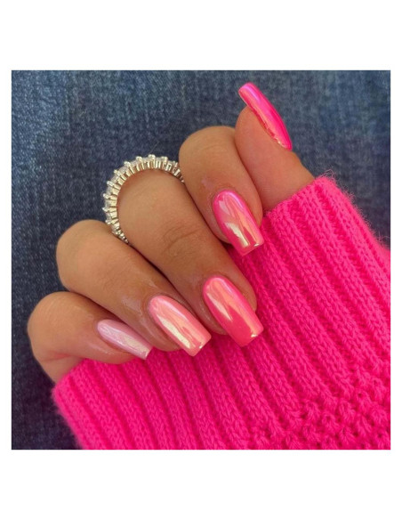 Uñas Postizas Cortas Rosa Intenso ANDGING - 24 Piezas Brillantes