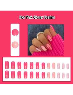Uñas Postizas Cortas Rosa Intenso ANDGING - 24 Piezas Brillantes 2
