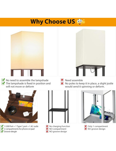 Lámpara de Estante LED 3-en-1 SHINE HAI Marrón con USB y Toma